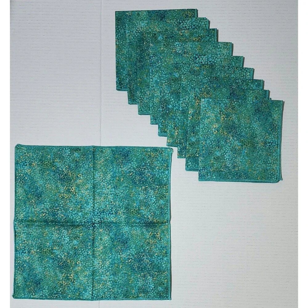 Set of 10 Cloth Napkins Shimmer Teal Gold Fabric Pebbles Pattern 13.5x13.5 NWOT